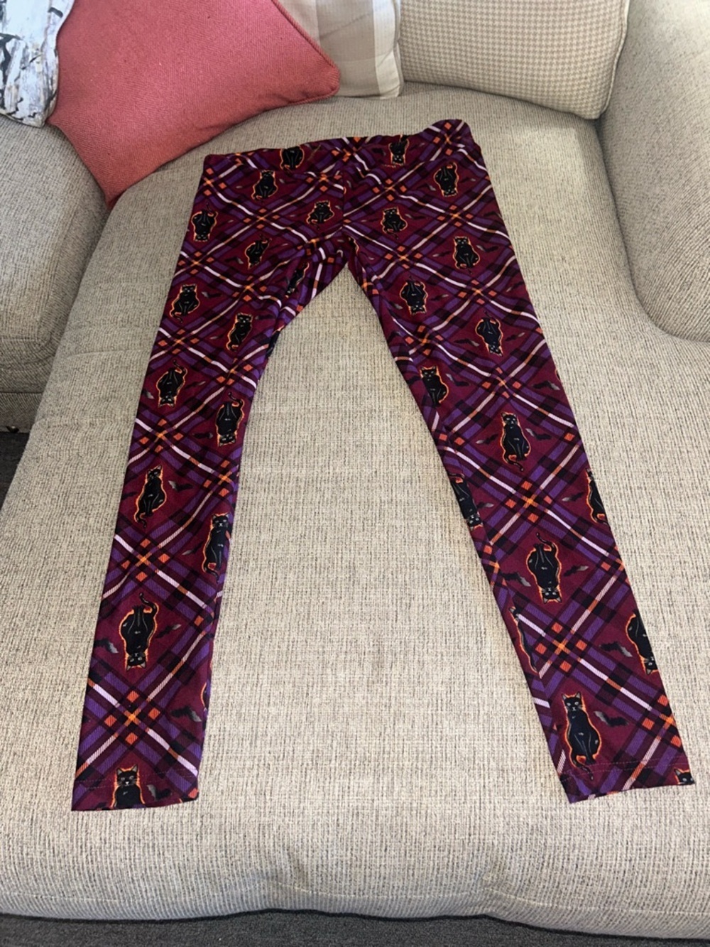 Women’s' Purple Plaid Leggings with Black Cat Motif